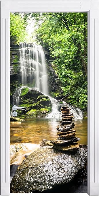 Stil.Zeit Möbel Zen Steine vor Wasserfall als Türtapete, Format: 200x90cm, Türbild, Türaufkleber, Tür Deko, Türsticker