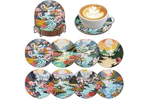 DOTSOPS 8 Pieces Diamond Painting Coasters with Holder - Diamond Art Coasters with Cork Base for Beginners Adults & Craft Supplies Party Gift (Landscape)