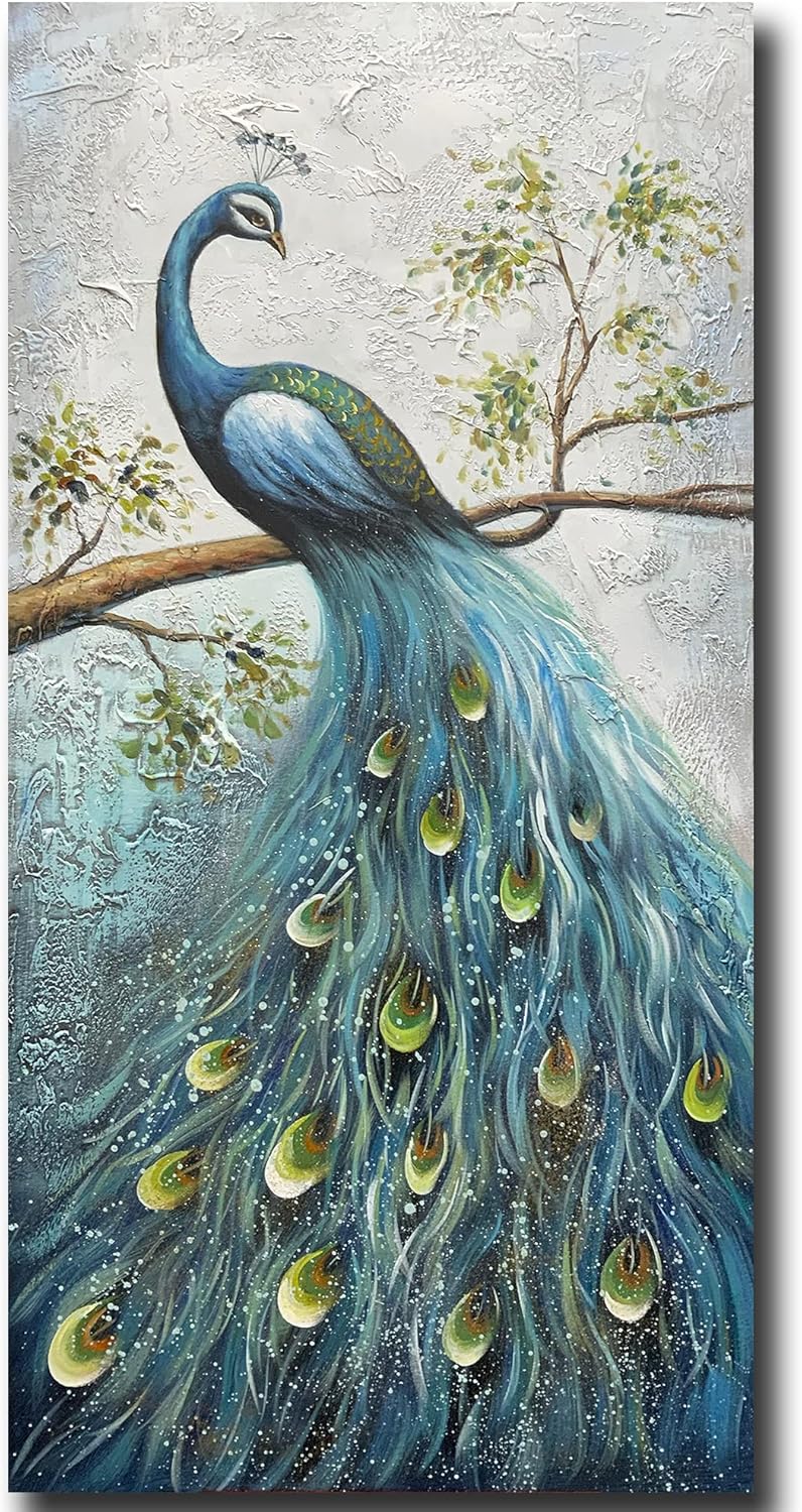 Paintings - V-inspire Art,24x48 Inch Modern Abstract Wall Art Vivid Peacock Hand-Painted Oil Painting Acrylic Canvas Art Blue Animal Living Room Bedroom Decoration