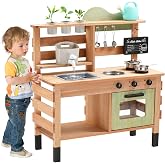 OLLIKIVI Outdoor Play Kitchen for Kids,Wooden Mud Kitchen Set | Removable Sink, Planting Area, Oven, Stove, Dual-Sided Chalkboard &amp; Storage,Backyard Pretend Toy,Ages 3+ Gift