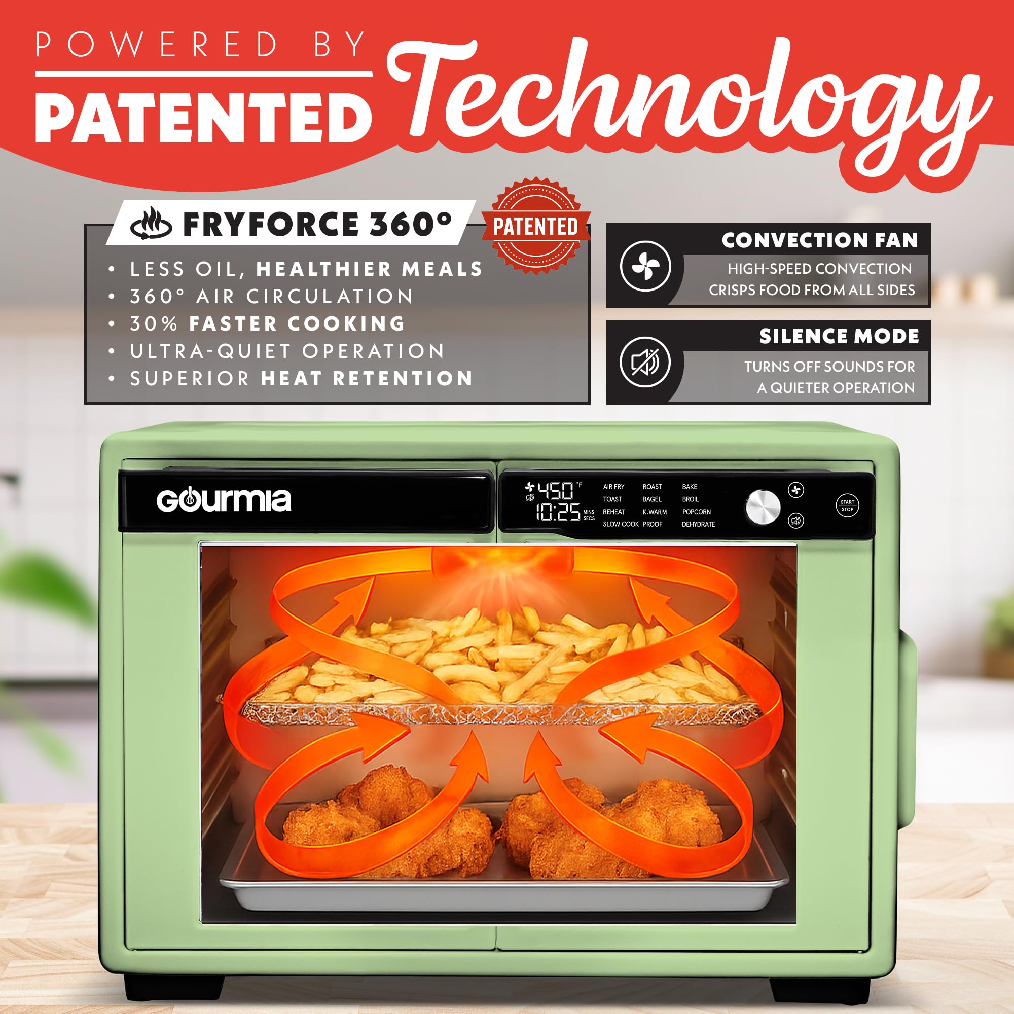 Gourmia Horno freidora de aire digital con puerta francesa - Capacidad XL 37QT, 12 presintonías, tecnología FryForce 360°, deshidratación, prueba, cocción lenta, se adapta a pizza de 13", 1700W, verde