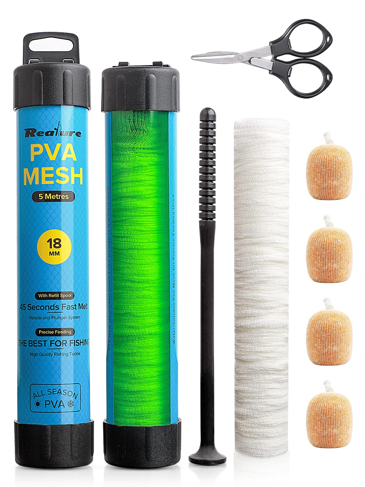 Realure 5M PVA Mesh Kit with Scissors 18mm 25mm 37mm 44mm Wide PVA Mesh Carp Fishing Accessories with Funnel & Plunger System Fast Melt Bag Fishing Refill for Boilie Bait Feeding (5M, 18mm)