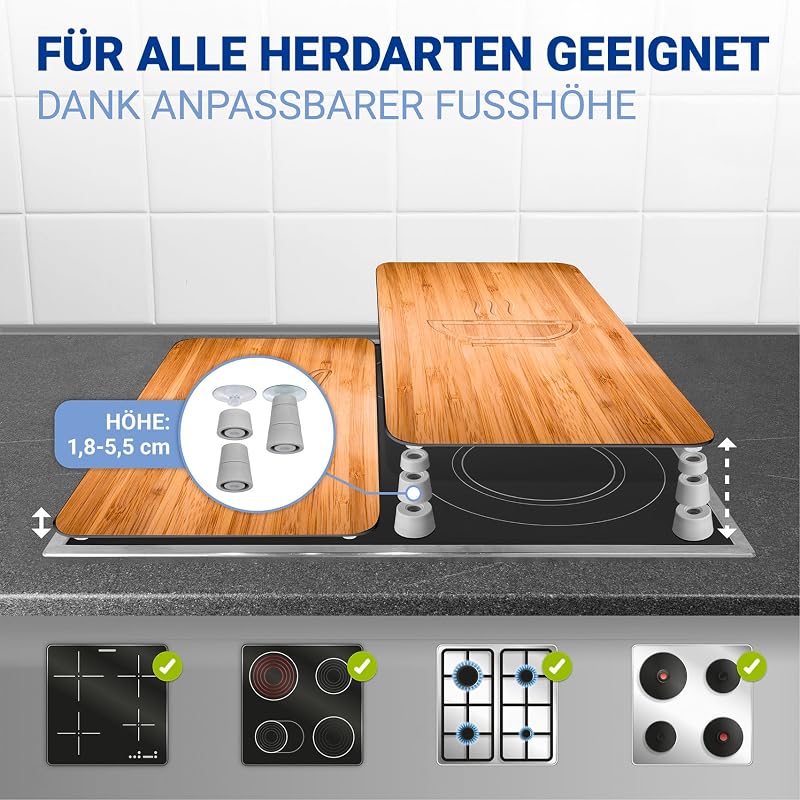 Herdabdeckplatte Universal Mod. Lunch, höhenverstellbar für alle Herdarten, Schneidebrett und Spritzschutz, Glas, 30 x 52 cm, 2-teilig