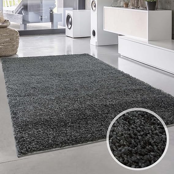 Shaggy-Teppich, Flauschiger Hochflor Wohn-Teppich, Einfarbig/Uni in Dunkelgrau für Wohnzimmer, Schlafzimmmer, Kinderzimmer, E
