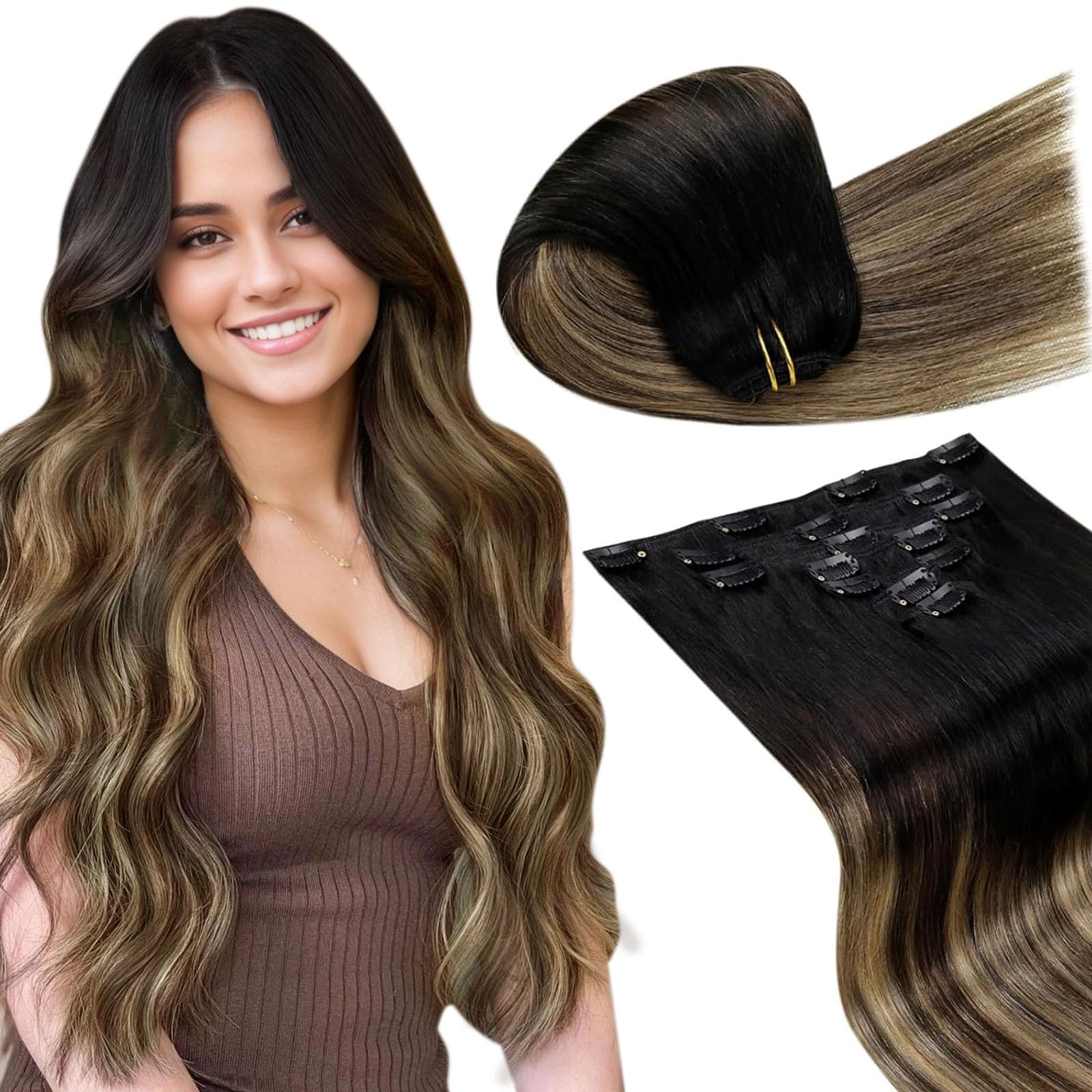 LaaVoo Clip in Hair Extensions Real Human Hair Black Hair Extensions Clip in 20 Inch 120g 7pcs Full Head Straight Balayage Dark Brown & Blonde Remy Hair Double Weft #1b/4/27 — image 1
