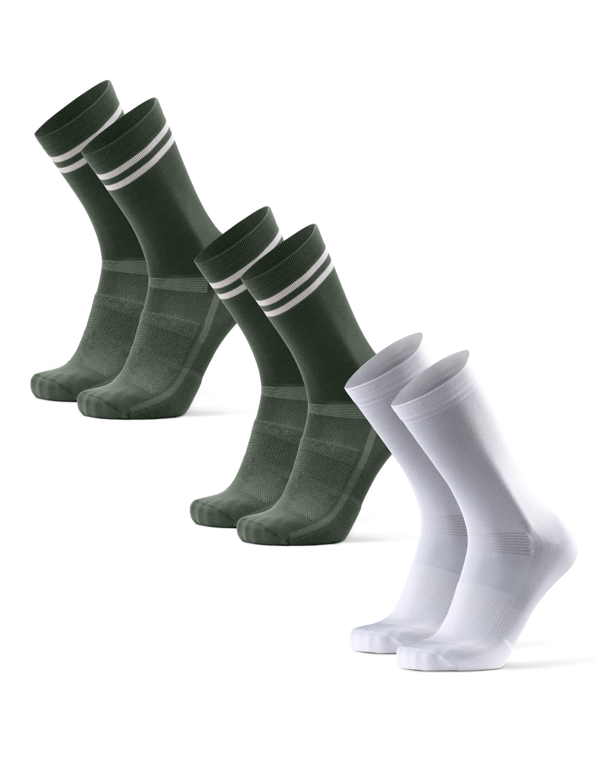 DANISH ENDURANCE Cycling Socks, Crew Length, Breathable, Cushioned, Biking Socks for Men & Women, 3 & 5-Pack, Multicolor (2x Olive/Stripes, 1x White/Black), Large Image
