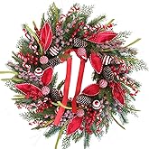 CIR OASES Christmas Wreath for Front Door 24 Inch Door Wreath with Pine Needles Pine Cones and Red Berries Winter Farmhouse Home Hoilday Christmas Party Decorations Indoor/Outdoor