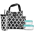 Fit & Fresh Lunch Bag For Women, Insulated Womens Lunch Bag For Work, Leakproof & Stain-Resistant Large Lunch Box For Women With Containers and Matching Tumbler, Snap Closure Westport Bag Black/White