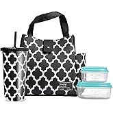 Fit & Fresh Lunch Bag For Women, Insulated Womens Lunch Bag For Work, Leakproof & Stain-Resistant Large Lunch Box For Women With Containers and Matching Tumbler, Snap Closure Westport Bag Black/White