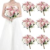 HOMENERGY Set of 6 Bridesmaid Bouquets for Wedding - 7 Inch Artificial Ivory Flower Bouquet for Party Ceremony Anniversary Dinning Table Centerpieces Decor - Dusty Pink & White