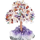 Jovivi Natural 7 Chakra Gemstone Healing Crystal Money Tree on Amethyst Cluster Geode Druzy Base Feng Shui Crystals for Home Office Desk Decorations, Wealth,Good Luck