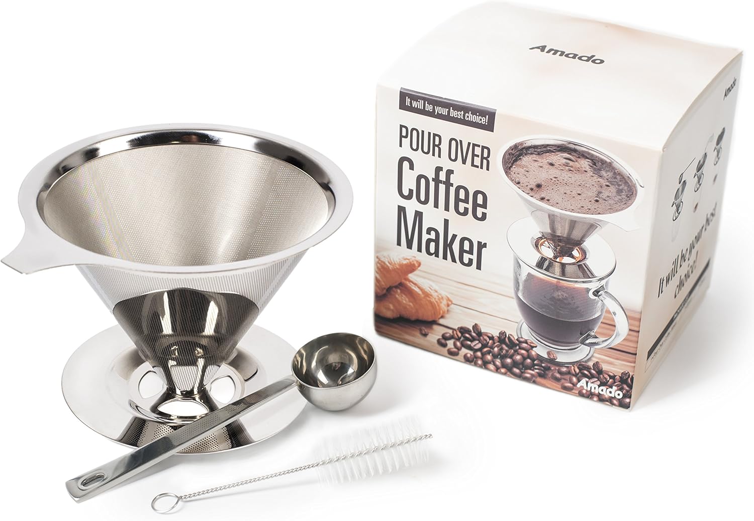 Pour Over Coffee Maker, Amado Pour Over Coffee Maker Stainless Steel Pour Over Coffee Filter Reusable Paperless Coffee Filter