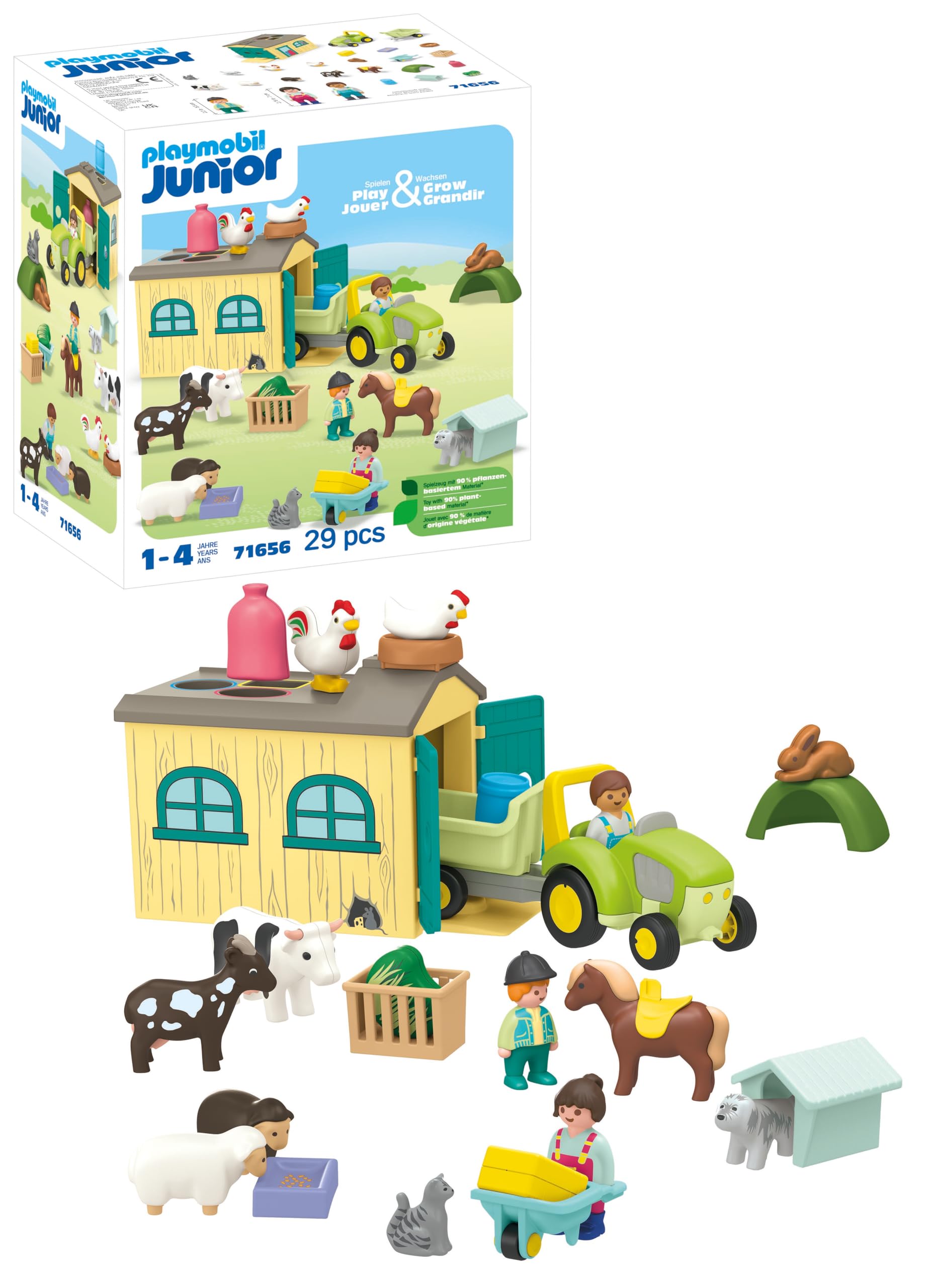 Playmobil 71656 JUNIOR: Farm Adventure with Tractor, Trailer and Animal Friends, educational toy, made from over 90% plant-based plastics, fun playset suitable for children ages 1+