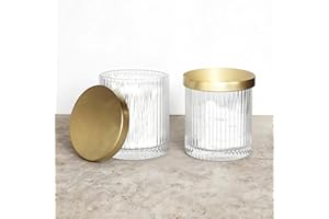 SEICASAYA 2-Piece Ribbed Glass Canister Qtip Holder Dispenser with Sealed Metal Lids for Vanity and Bathroom Counter (Gold 2 