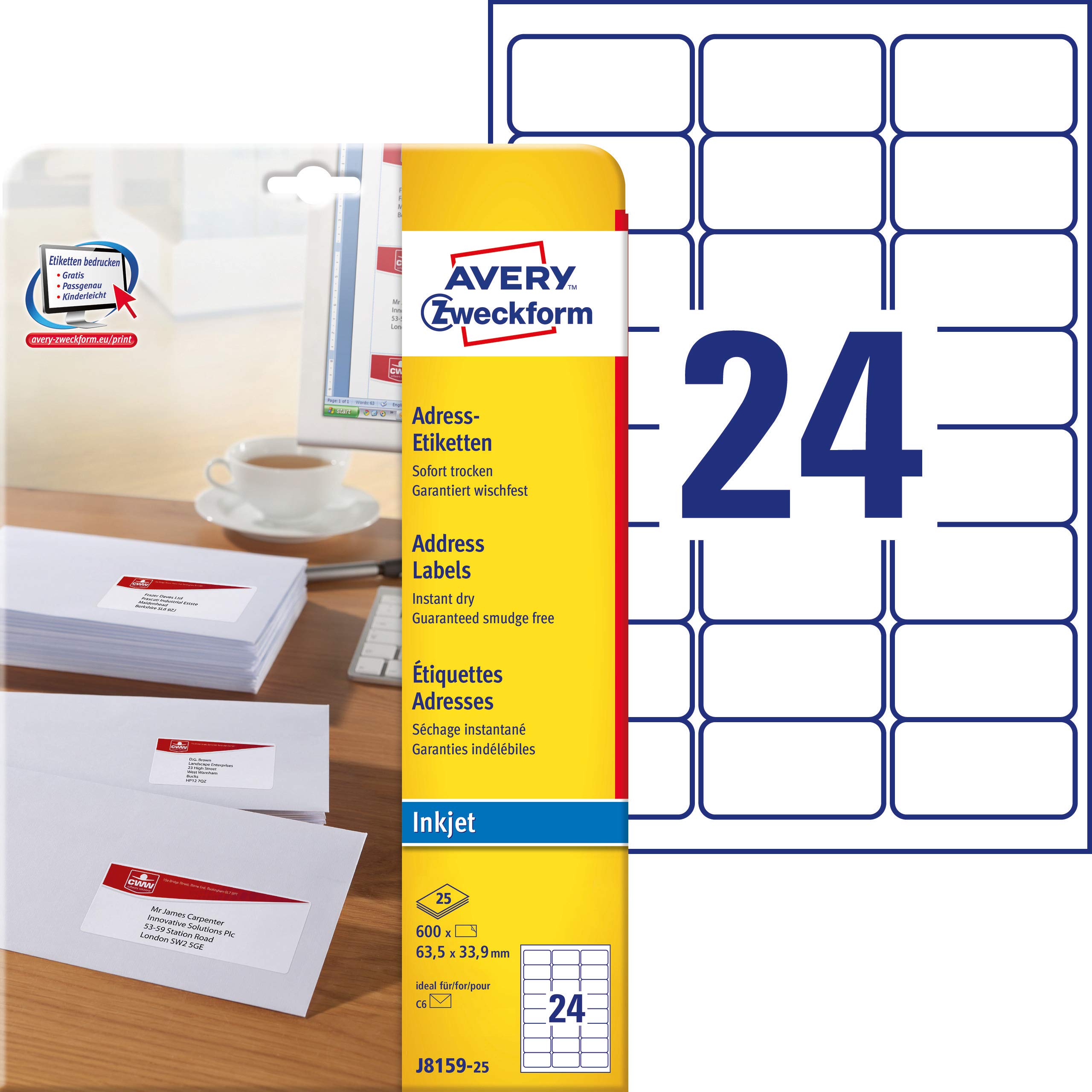 Avery Zweckform J8159-25 Address Labels 63.5 x 33.9 mm 25 Sheets with 600 Total Labels White