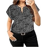 MakeMeChic Women's Business Plus Size Printed V Neck Blouse Short Sleeve Shirt Tops