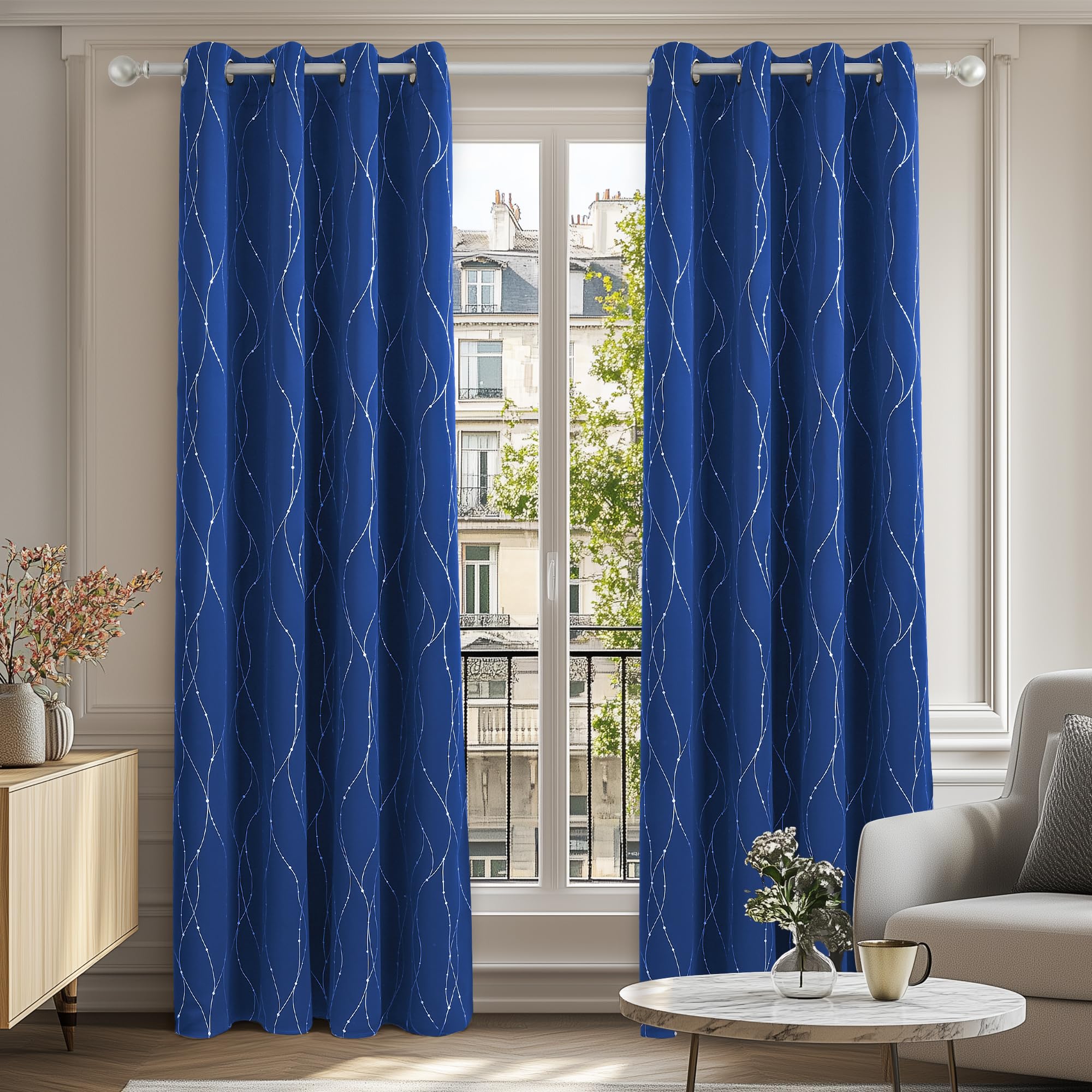 Deconovo Blackout Curtains Super Soft Silver Dotted Line Foil Printed Window Treatment Eyelet Bedroom Curtains for Kids Rooms 66 x 90 Inch Blue 2 Panels