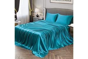 Vonty Satin Sheets Queen Size Silky Soft Satin Bed Sheets Teal Sheet Set, 1 Deep Pocket Fitted Sheet + 1 Flat Sheet + 2 Pillo