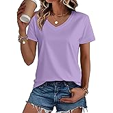 SMENG Women's Cotton V Neck T-Shirt Short Sleeve Solid Color Tee Casual Fit Tee Breathable Summer Fashion Tops