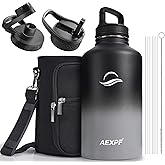AEXPF Half Gallon Water Bottle with Straw, 64 oz Water Bottle with Sleeve, Sports Insulated Large Water Jugs for Drinking, Stainless Steel Wide Mouth Water Flask for Gym Camping, Black and Gray