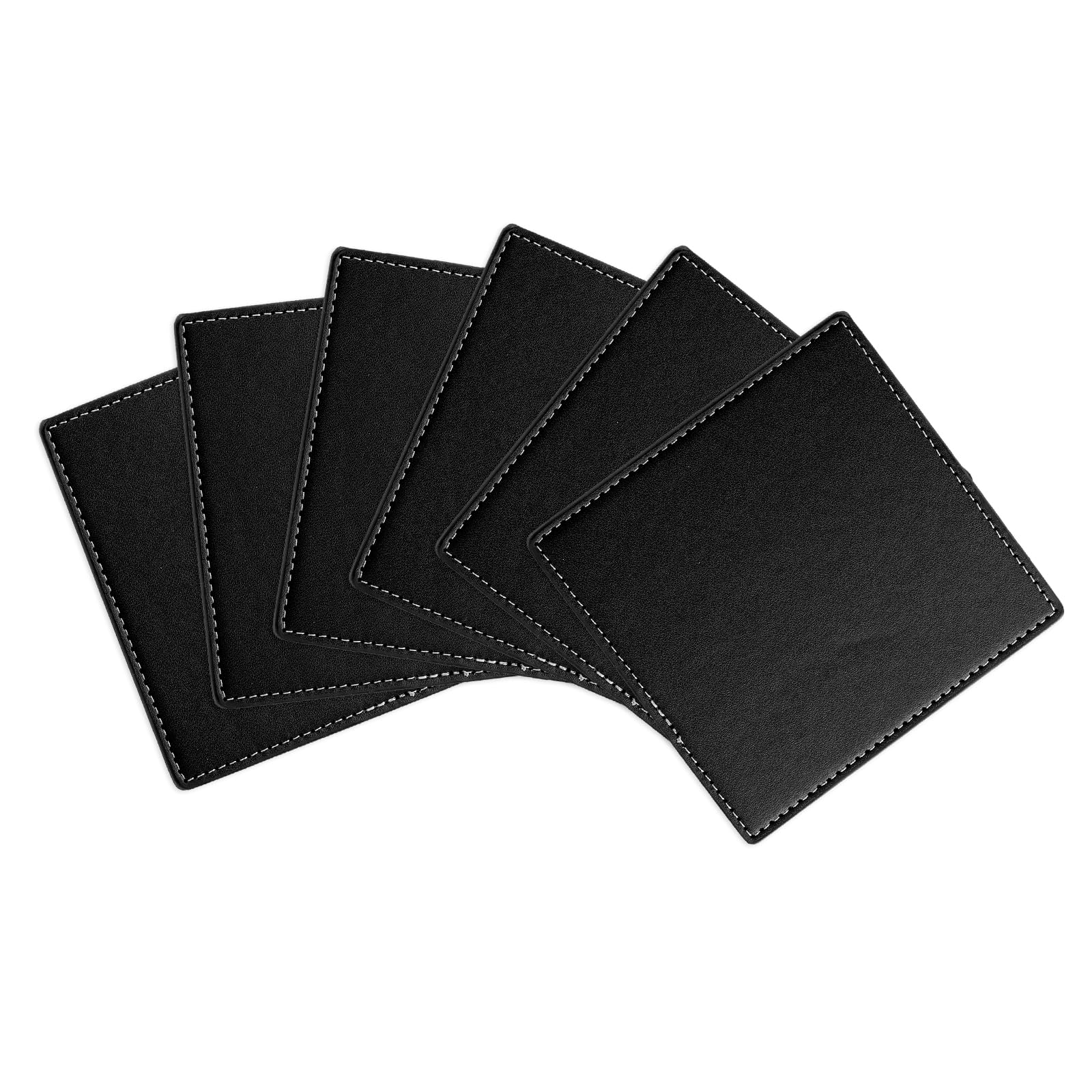 uxcell Square Drink Coasters Set of 6 White Stitched Dual Sided Non-Slip Non-Stick Waterproof Leather Coasters for Drinks, Coffee Table, Housewarming Gifts, Home Decor 4"×4"Black