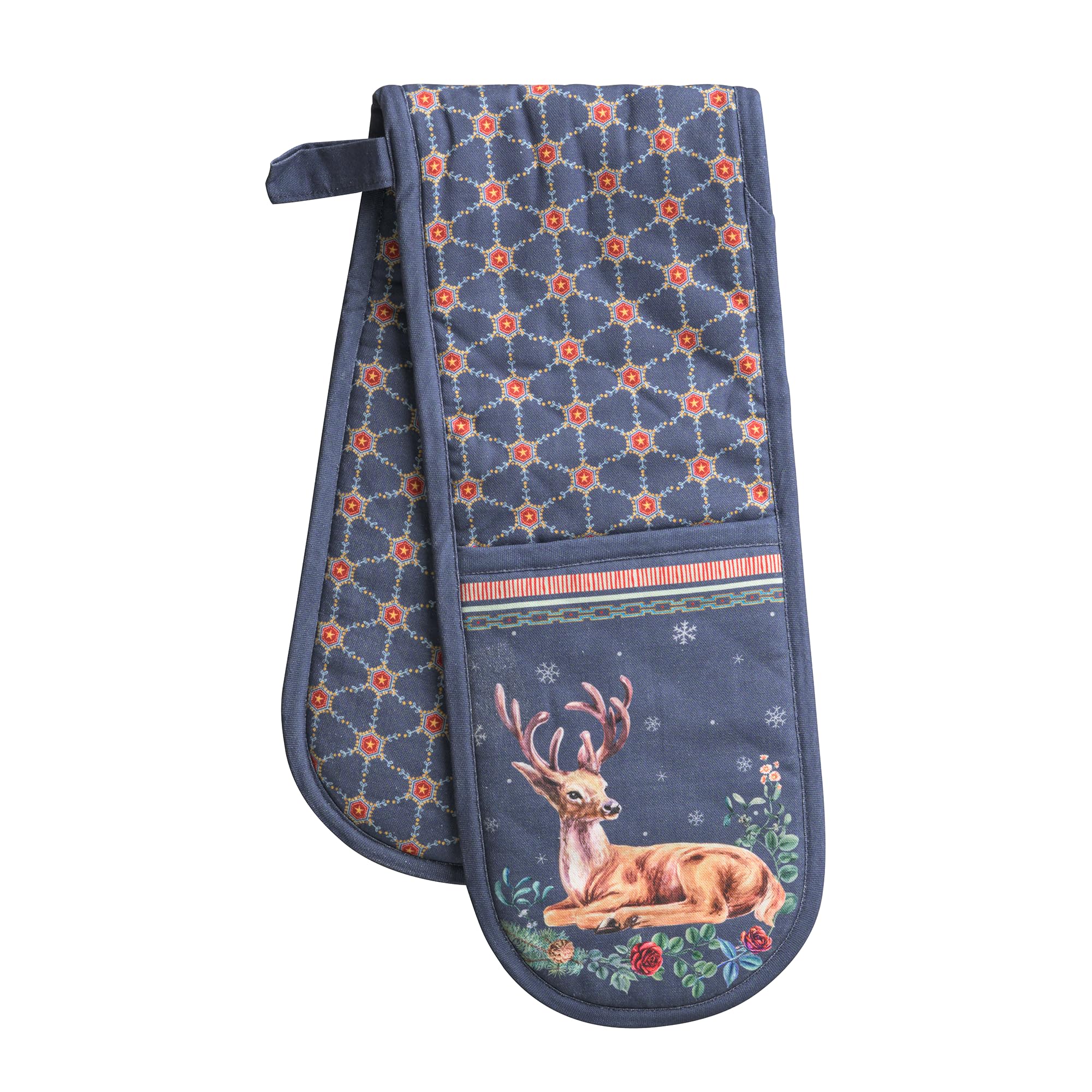 Maison d' Hermine Double Oven Mitt (18 cm x 89 cm) 100% Cotton Heat Resistant BBQ Cooking Gloves with Loop for Christmas Decorations Baking Cooking Barbeque Handling Hot Pan (Christmas Joy)