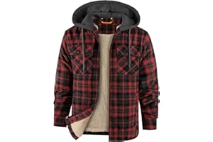 ZITY Mens Flannel Jacket with Hood Thickened Plaid Jacket with Fleece Lining Full Zip Hooded Flannel Shirt Warm Outwear