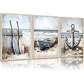 3Pcs Nautical Beach Wall Art Sailboat Paddle and Anchor Paintings Pictures Wall Decor Nautical Coastal Posters Prints Artwork for Living Room Bedroom Home Office Corridor Home Decroation Unframed