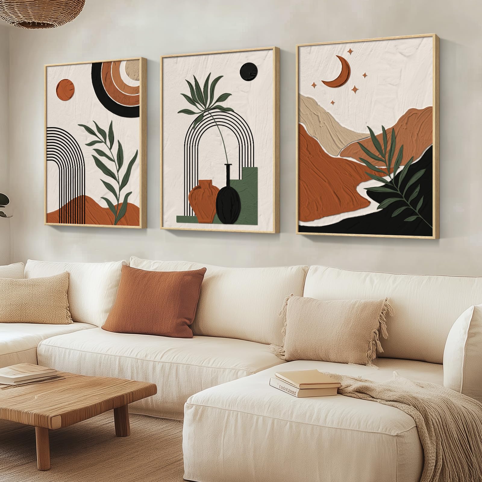 Framed Boho Canvas Wall Art Set of 3 Abstract Geometric Art Prints for ...