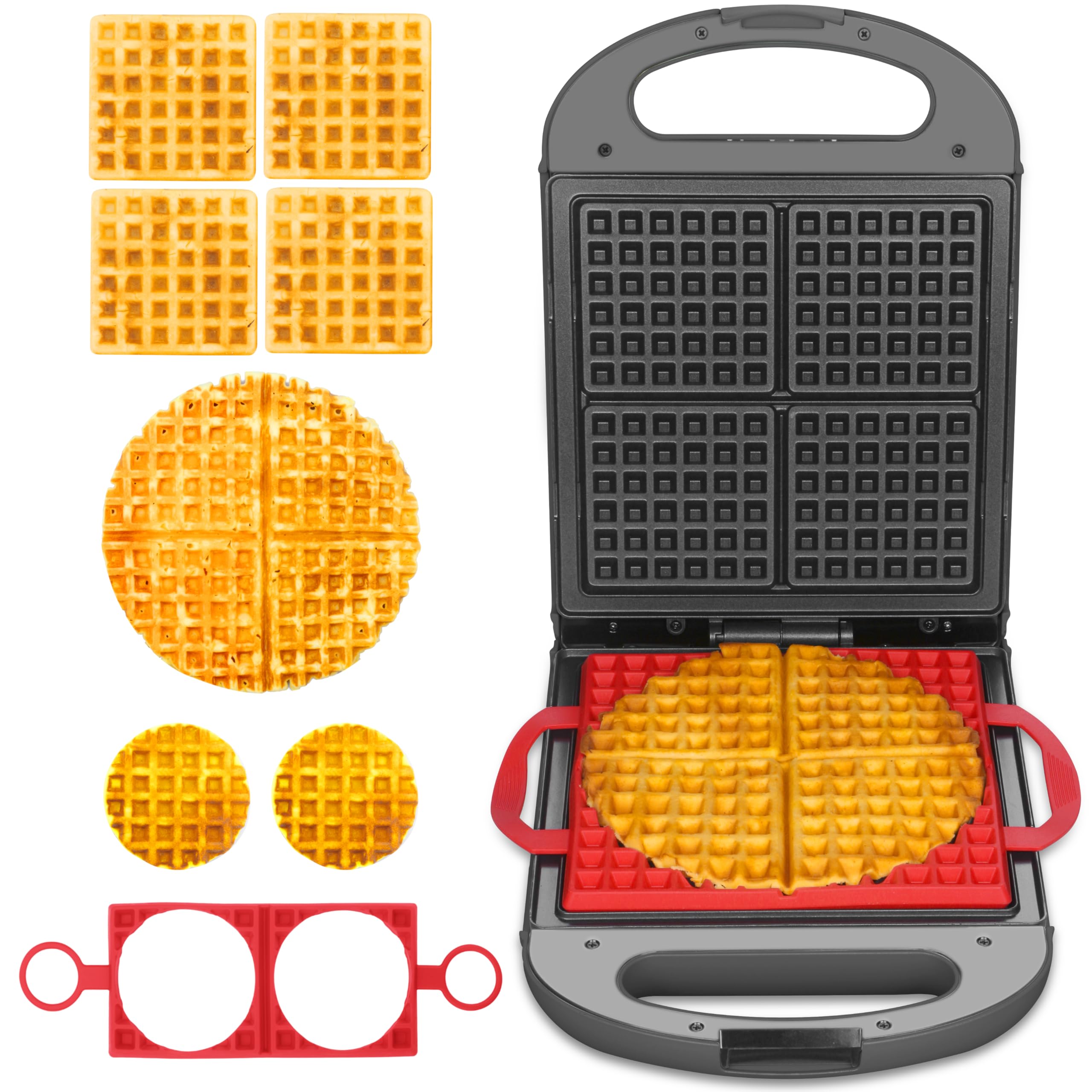 Photo 1 of Baker's Friend Multi Shapes Waffle Iron Combo - Mini, American Classic, Belgian & Chaffle Maker, 2 Silicone Molds, Graphite