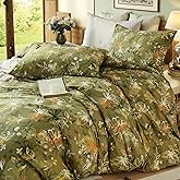 Cozaline 100% Cotton Duvet Cover Queen Size – Vintage Olive Green Floral Duvet Cover Set with Zipper Closure, 3-Piece Soft Breathable Natural Premium Cotton Bedding Set for All Seasons