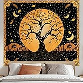 Tichgeim Tree of Life Tapestry for Bedroom Aesthetic,Orange Moon and Tree Nature Spiritual Wall Hanging, Vintage Celtic and Nordic Wall Tapestry for Living Room Decor 51in × 60in