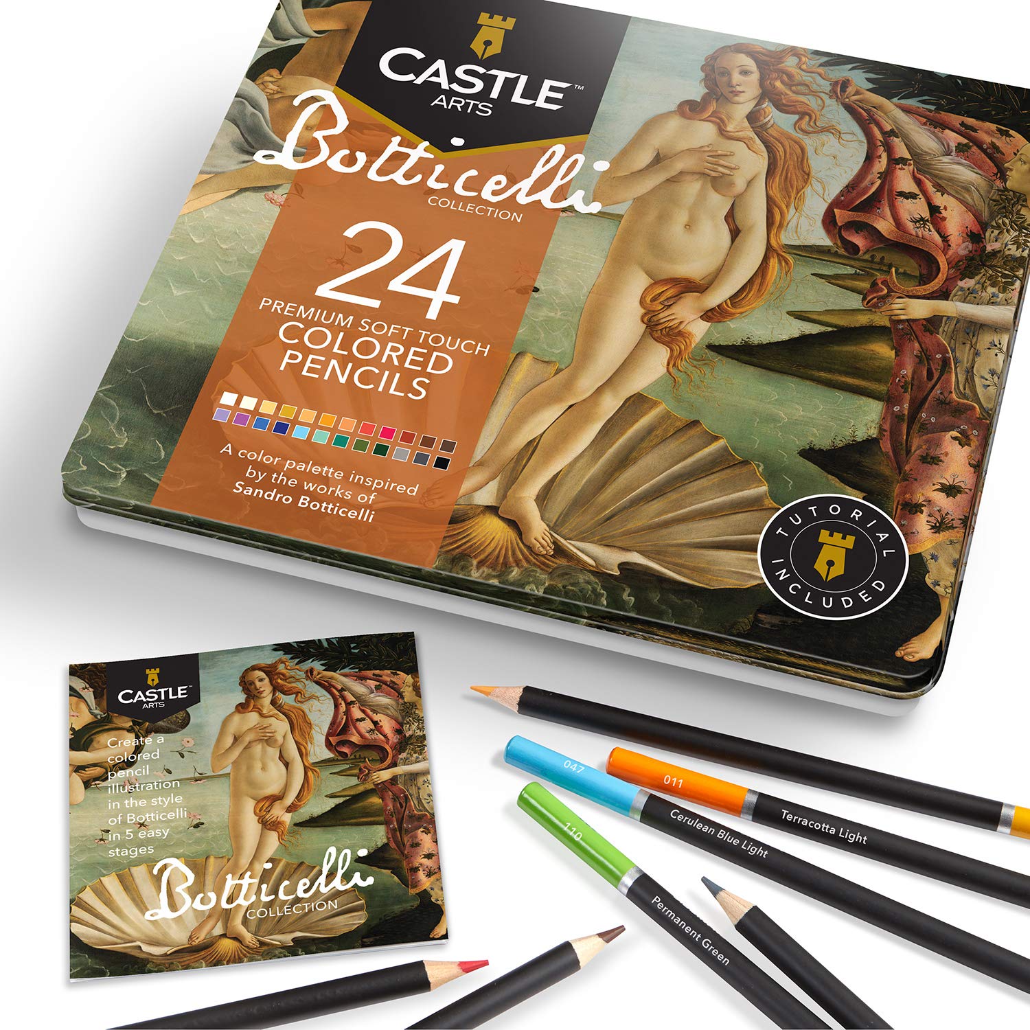 Castle Arts Colouring Pencils Set of 24 in a Tin Tin Perfect Colors Inspired by Botticelli.Smooth Color Cores, Superior Blending and Layering Performance for