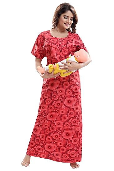Women's Poly-Cotton Fabric Feeding/Maternity Nighty/Nightwear Free Size