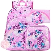 UFNDC 3PCS Backpack for Girls with Lunch Box,16”Kids Sequin Bookbag with Lunch Box, School Bag for Elementary Toddler