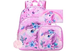 3PCS Unicorn Backpack for Girls, 16”Kids Sequin Bookbag with Lunch Box, School Bag for Elementary Toddler