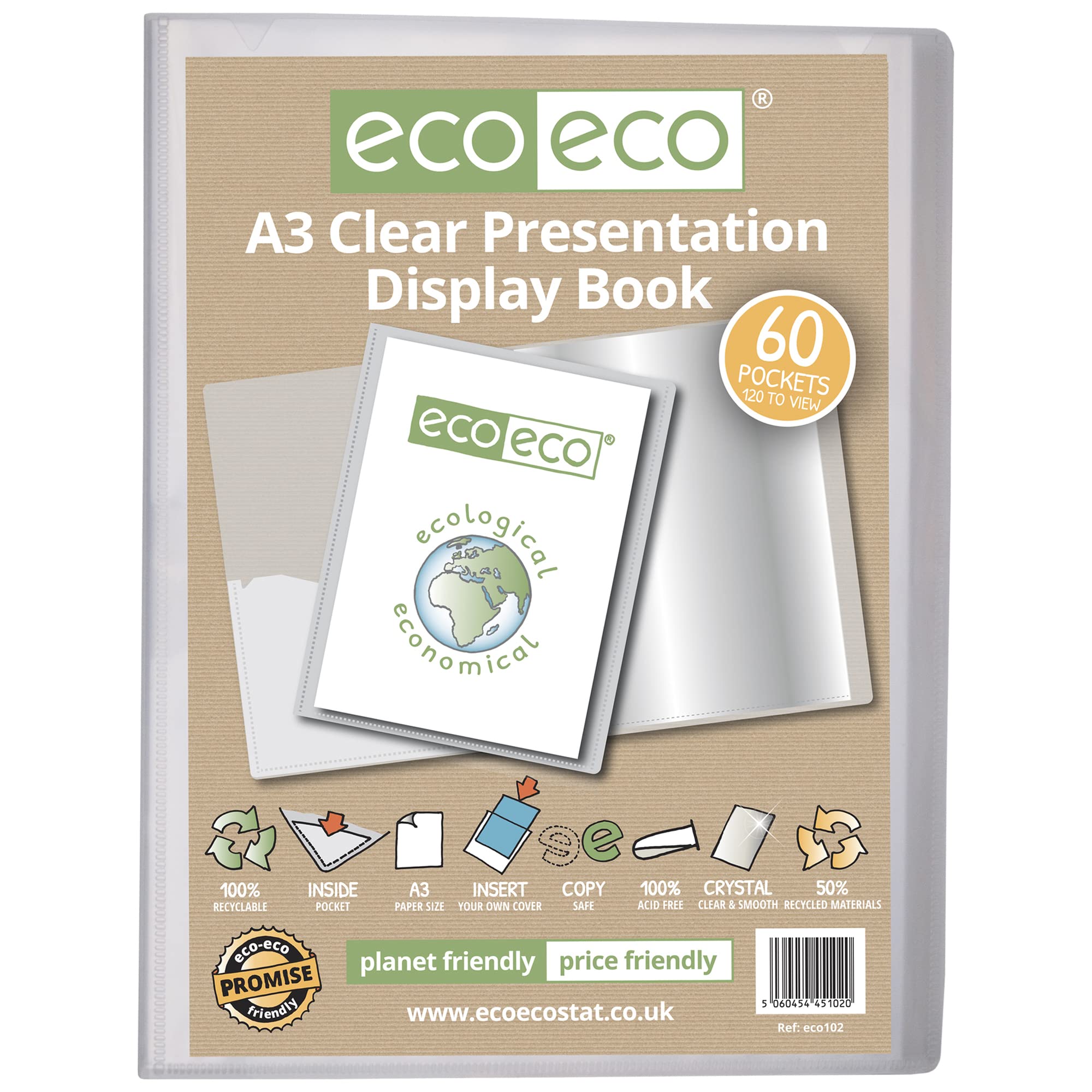 eco-eco A3 Size 50% Recycled 60 Pocket Clear Presentation Display Book, Storage Case Portfolio Art Folder with Plastic Sleeves, eco102