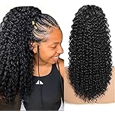 Curly Drawstring Ponytail Extension for Black Women 16 Inch Afro Kinky Curly Ponytail Drawstring Hair Extensions Synthetic Pony Tails Hairpiece for Daily Use(1B)