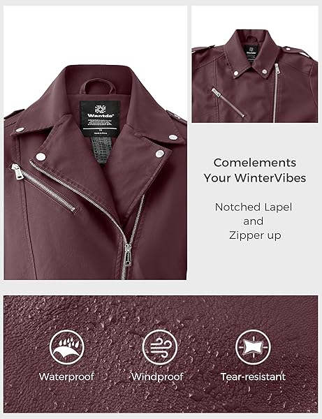 WANTDO WOMEN’S ZIP UP LIGHTWEIGHT LEATHER JACKET PLUS SIZE MOTO COAT WINE RED 4X