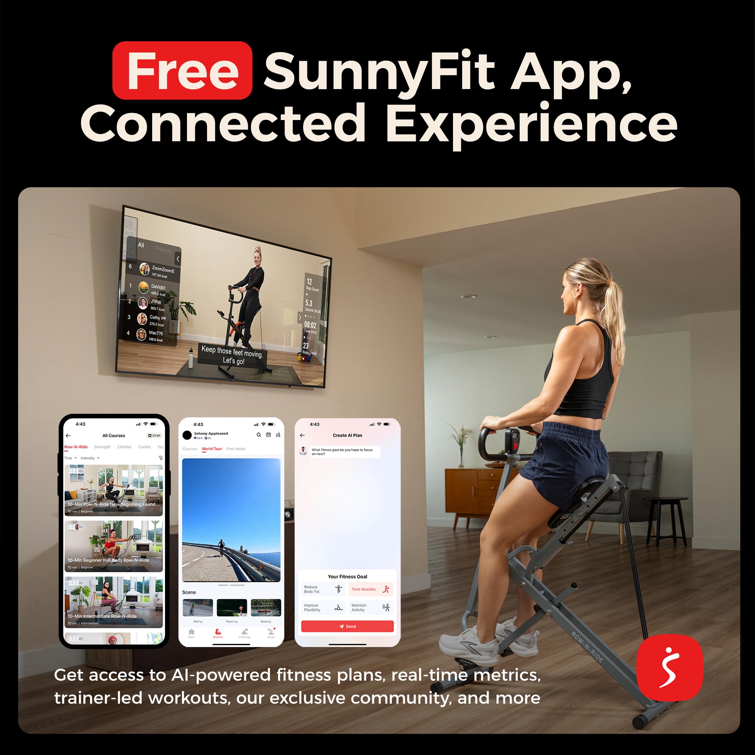 Sunny Health & Fitness Smart Row-N-Ride Glute & Leg Trainer, Foldable Squat Assist Rower with Exclusive SunnyFit App Connection