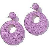 Boho Raffia Statement Circle Earrings - Cute Round Dangle Summer Handmade Rattan Jewelry for Women - Lightweight