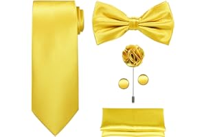 TIE G U STYLE TIE G 5pcs Tie Set in WHITE OR BLACK GIFT BOX: Solid Color Necktie, Satin Bow Tie, Pocket Square, Lapel, Cuff Links