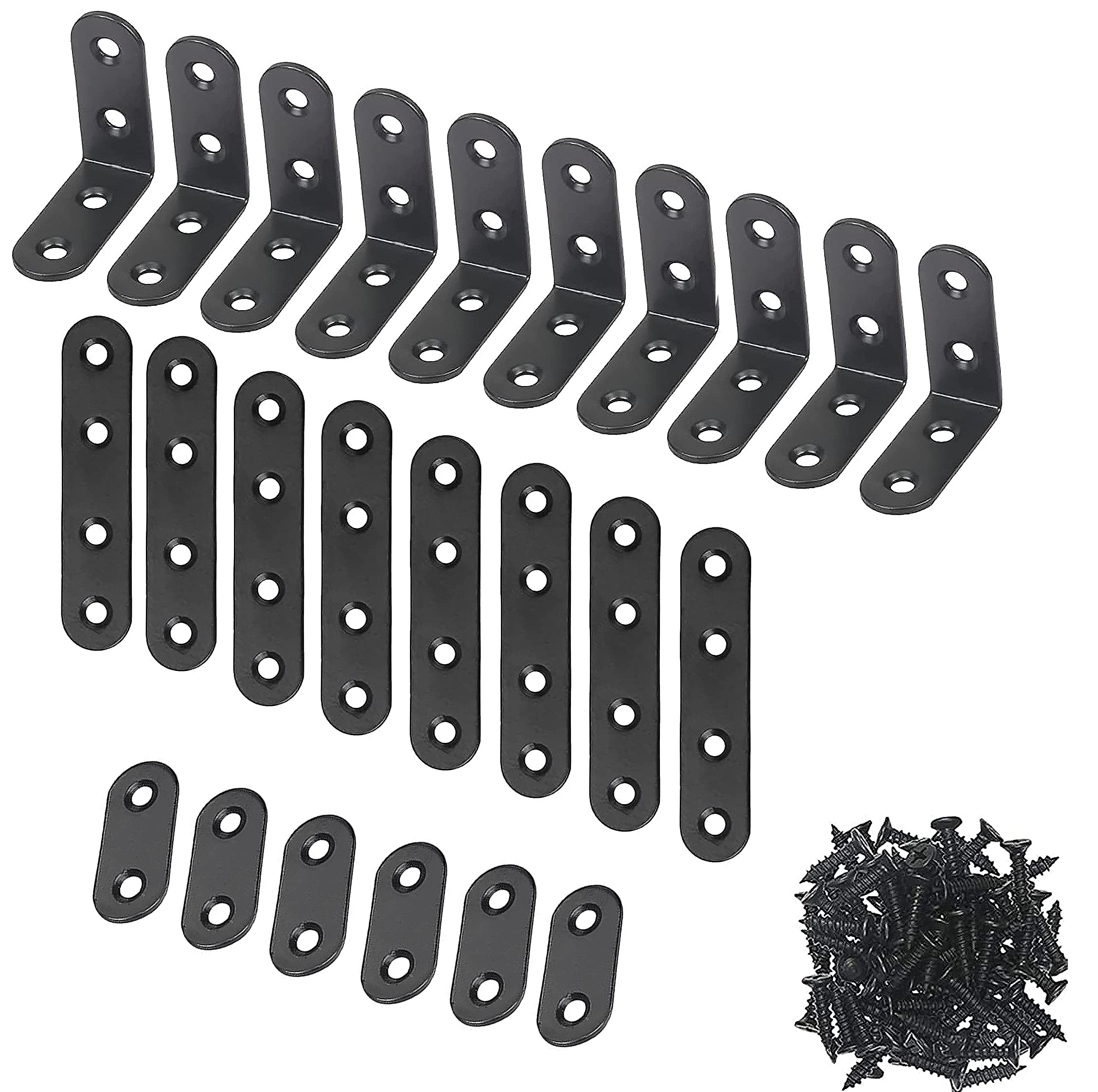 WeqeYent 24Pcs Corner Brace Sets, L Shaped Corner and Straight Brackets Sets, Joint Stainless Steel Right Angle Bracket, Fastener for Wood Chair Bookshelf Board Window Furniture Brackets(Black)