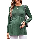 Ekouaer Womens Maternity Tops Long Sleeve Pregnancy Tunic Blouses Crew Neck Ribbed Shirts Pregnant Clothes Evergreen