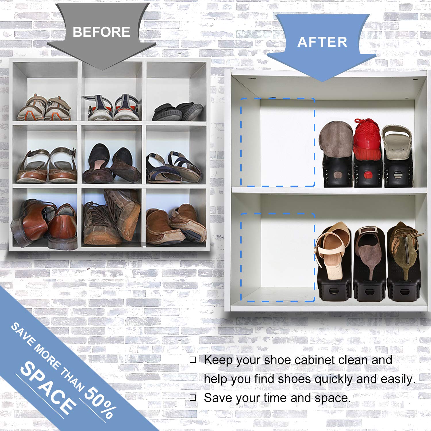 Einstellbare Schuh Slots für Schuhregale und Schrank, 8 Stück Platzsparende Schuhstapler/Schuhhalter Set, Verstellbare Schuh Veranstalter - Kunststoff Schuh Organizer Space Saver (Schwarz)