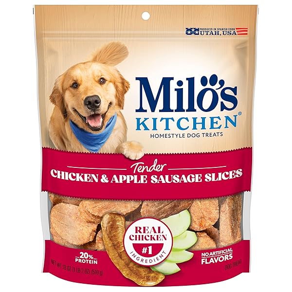 MILO’S KITCHEN HOMESTYLE DOG TREATS, CHICKEN & APPLE SAUSAGE SLICES, 18 OUNCE, HIGH PROTEIN, NO ARTIFICIAL FLAVORS