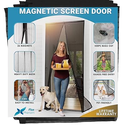 Flux Phenom Reinforced Magnetic Screen Door - Fits Doors up to 38 x 82 Inches - Bug, Fly, and Mosquito Net for Doors (Black)