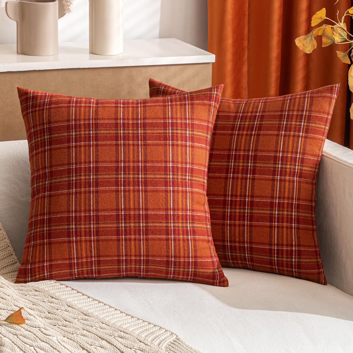 Photo 1 of MIULEE Fall Set of 2 Scottish Tartan Plaid Throw Pillow Covers Farmhouse Classic Decorative Outdoor Square Cushion Cases for Decor Sofa Couch 20x20 Inch, Rust