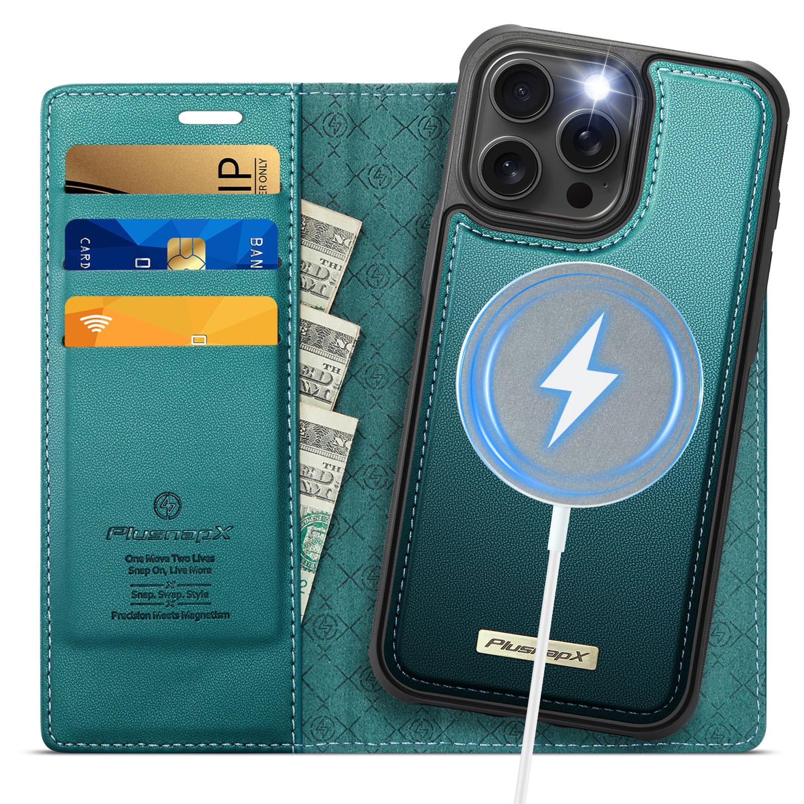Photo 1 of PlusnapX Wallet Case for iPhone 14 Pro Max Compatible with Magsafe, 2-in-1 PU Leather Flip RFID Blocking Card Holder Stand Shockproof Magnetic Detachable Cover for iPhone 14 Pro Max 6.7", Bluegreen