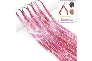 ONROCL Hair Tinsel Kit with Tools and Instruction Easy to Use 1000 Strands 47 Inches Glitter Tinsel Hair Extensions for Women and Girls, Sparkling Shinny Fairy Hair Accessories for Christmas New Year Halloween Cosplay Party (Pink)